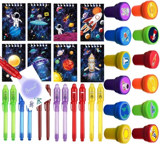 Libretti di appunti 12 pezzi - Tema spaziale - Regali creativi per ospiti - Pennarelli invisibili - Copricapo spaziale - Sicuri per bambini e facili da usare - Regalo per bambini