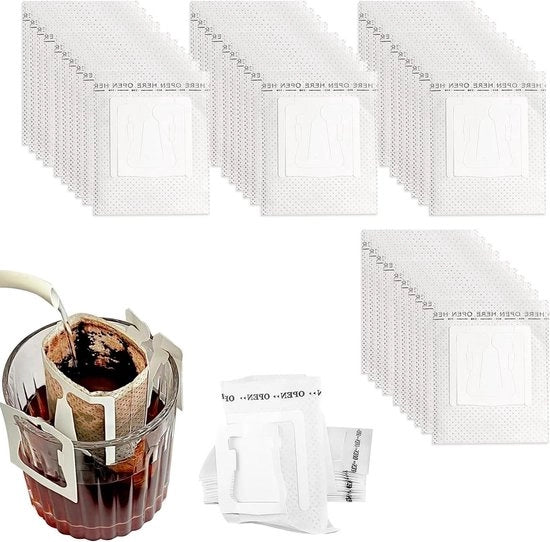Borse per caffè in polvere con filtro a orecchie per la maggior parte delle tazze - 100 pezzi per campeggio, viaggio, casa e ufficio
