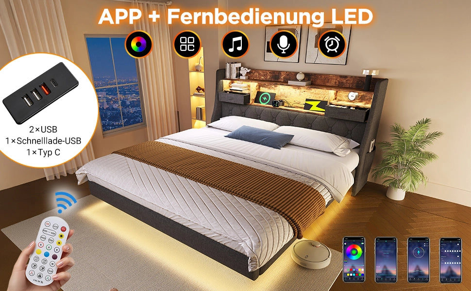 DESMIU Letto matrimoniale 140 × 190 cm 2 posti con LED, porte USB e Type-C, senza materasso, in lino, grigio
