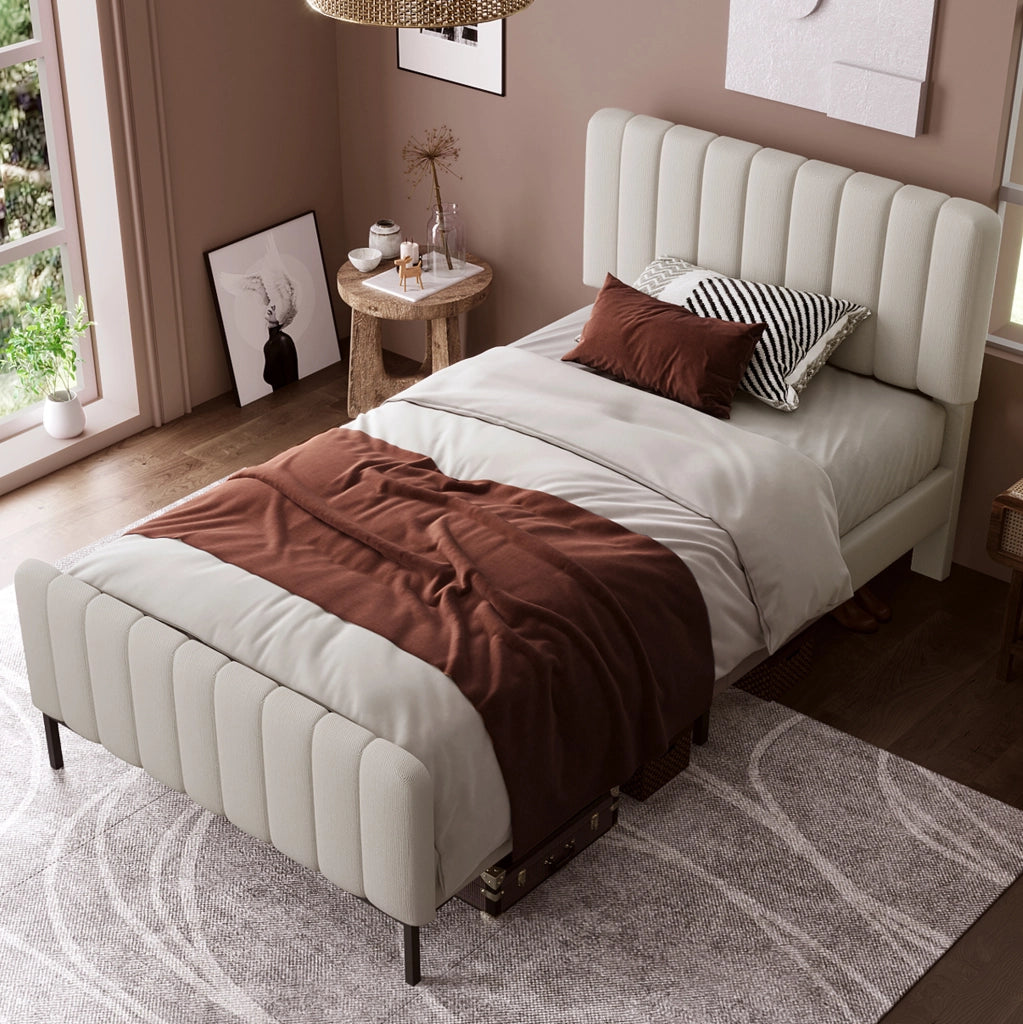 Letto imbottito 90x200 cm grigio-beige con materasso H3 e testiera regolabile