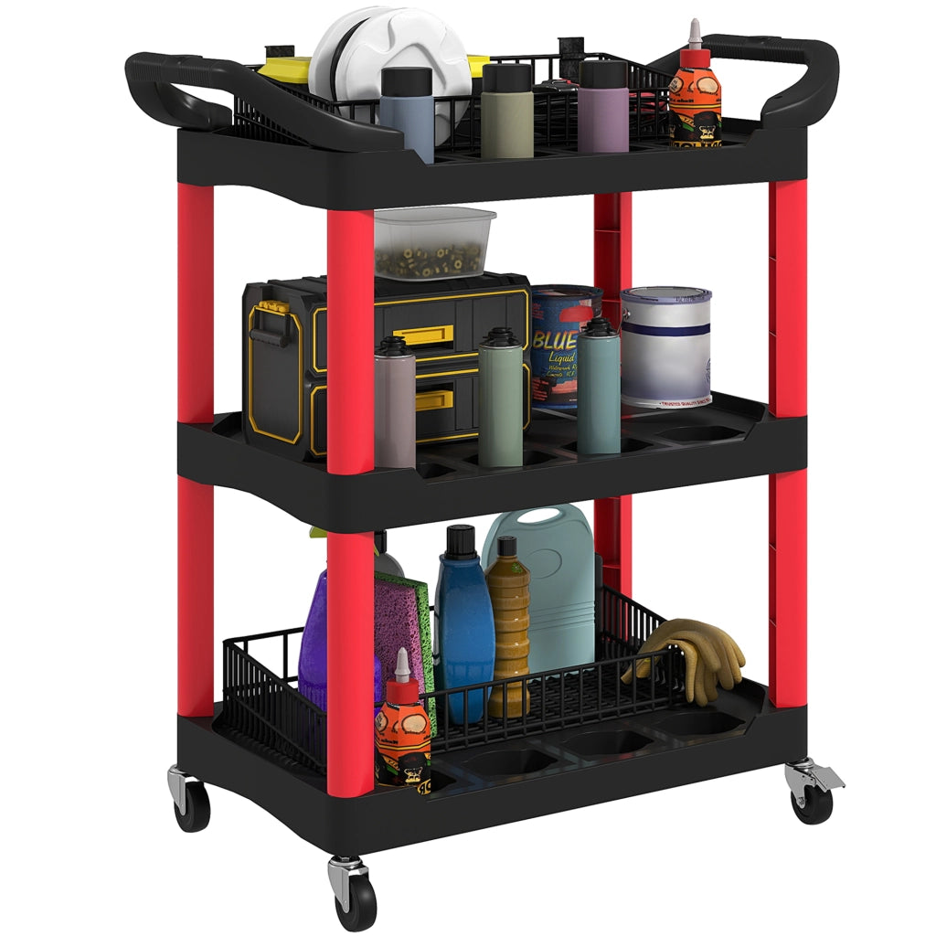 Carrello Porta Attrezzi a 3 Livelli 83x43x97 cm Capacità 91 kg 3 Livelli con Ruote in Plastica Rosso