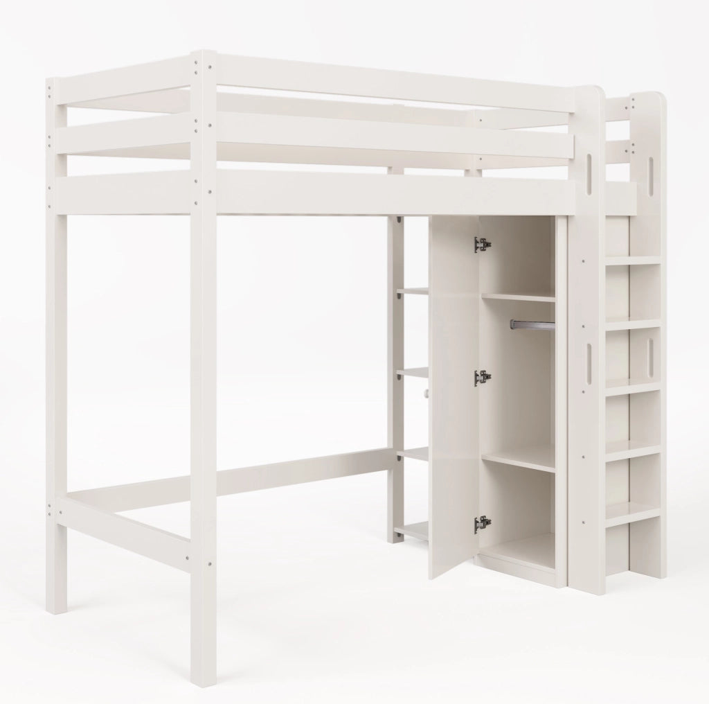 Letto a soppalco per bambini 90x200 cm con armadio e 4 ripiani; bianco