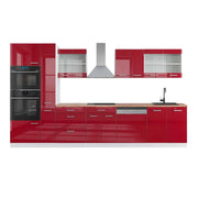 Mobile da cucina R-Line Rosso lucido/Bianco 350 cm con armadio alto, PL Rovere Vicco