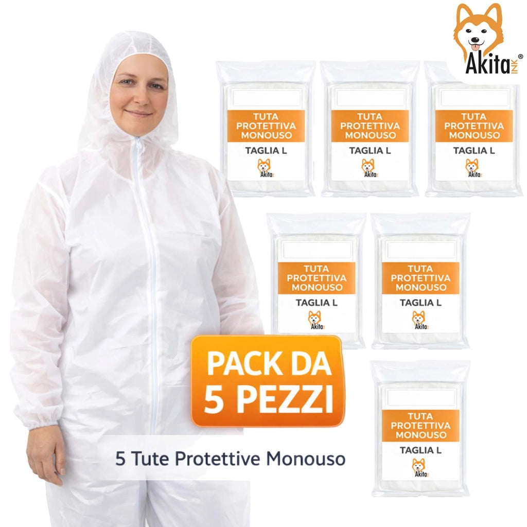 Akitaink Tuta Monouso in PP con Cappuccio e Zip 5 Pz Taglia L