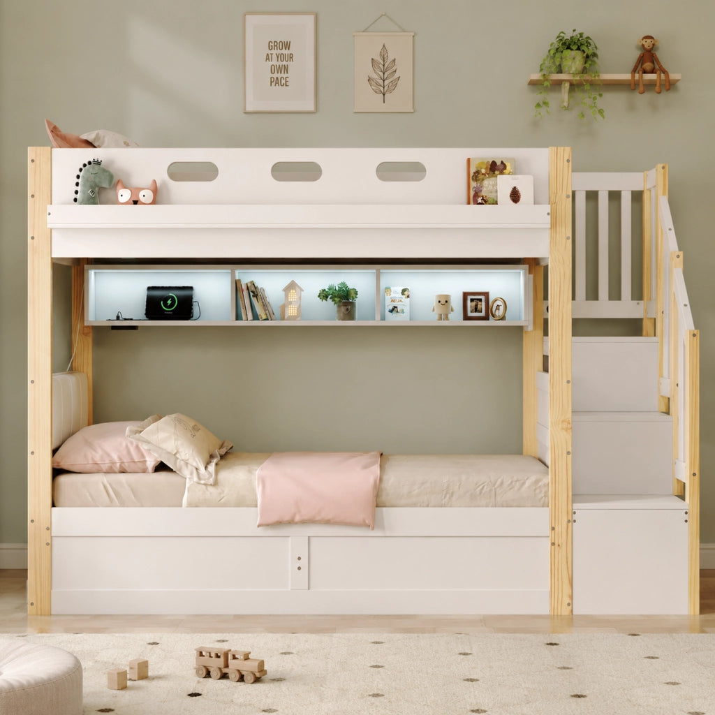 Letto a castello per bambini 90x200 + 90x200 cm con LED, USB, scala contenitore e letto inferiore con contenitore idraulico, bianco