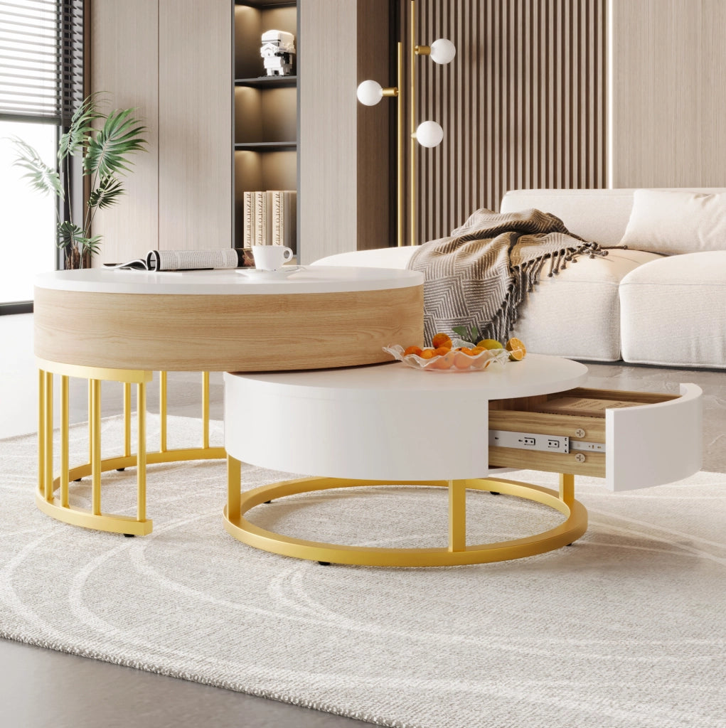Tavolino da salotto rotondo con piano sollevabile e cassetto; 70/60 cm; bianco e oro