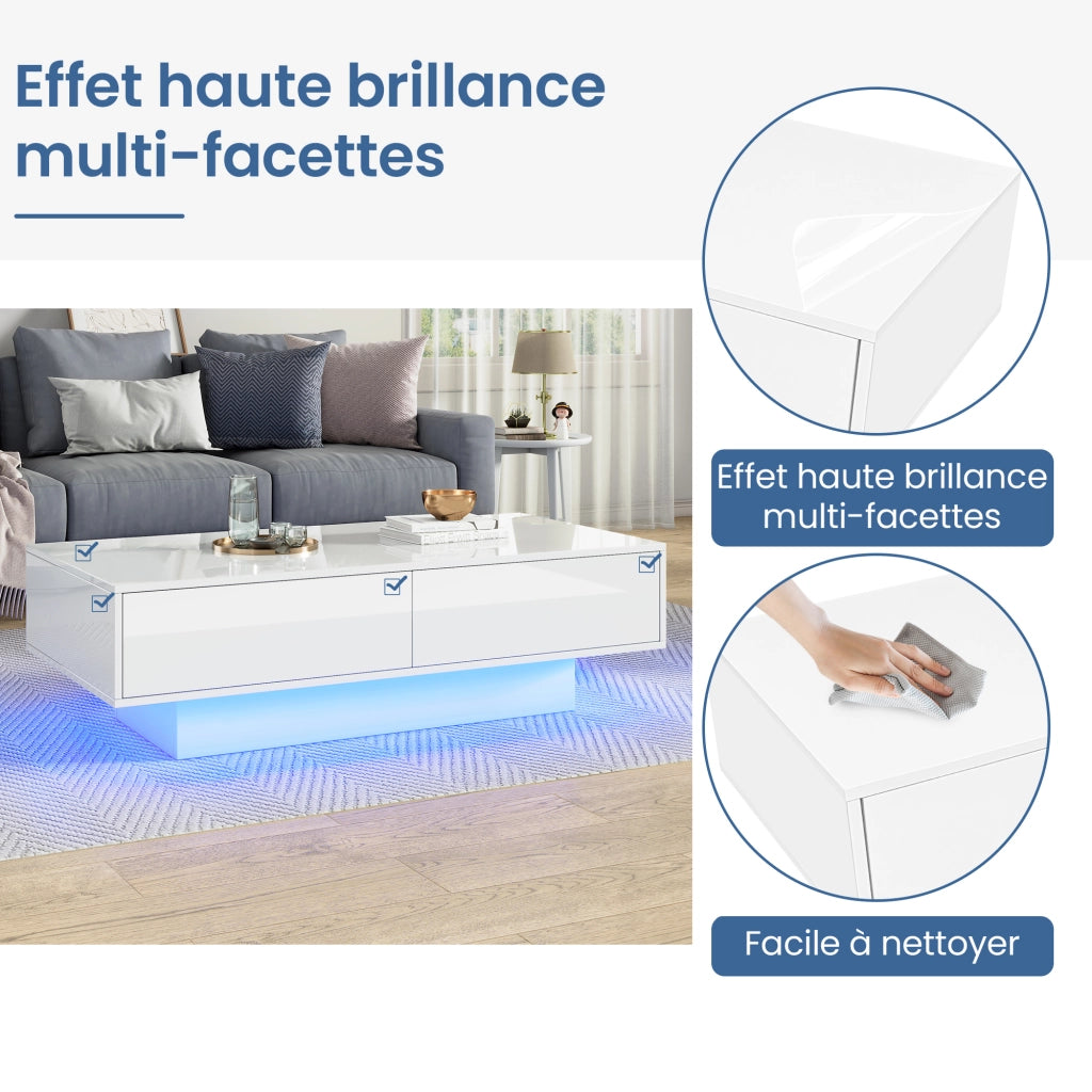 Tavolino da Salotto con 2 Cassetti e LED; Bianco Lucido; Stile Moderno; in Pannello Truciolare; Bianco