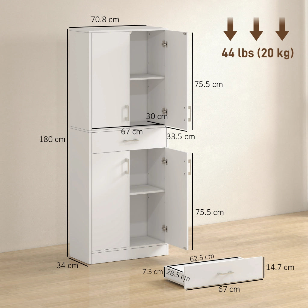 Credenza Cucina Alta con 2 Armadietti e un Cassetto Centrale 70,8x34x180 cm in MDF Bianco