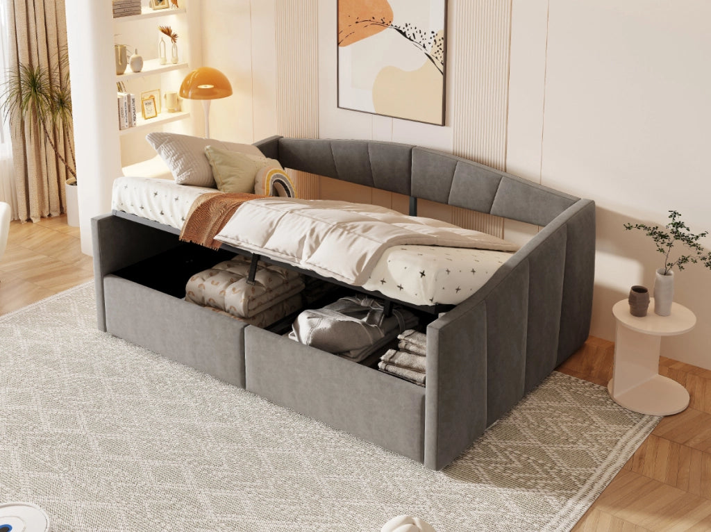 Divano letto 140x200 cm con contenitore; rete a doghe in velluto grigio