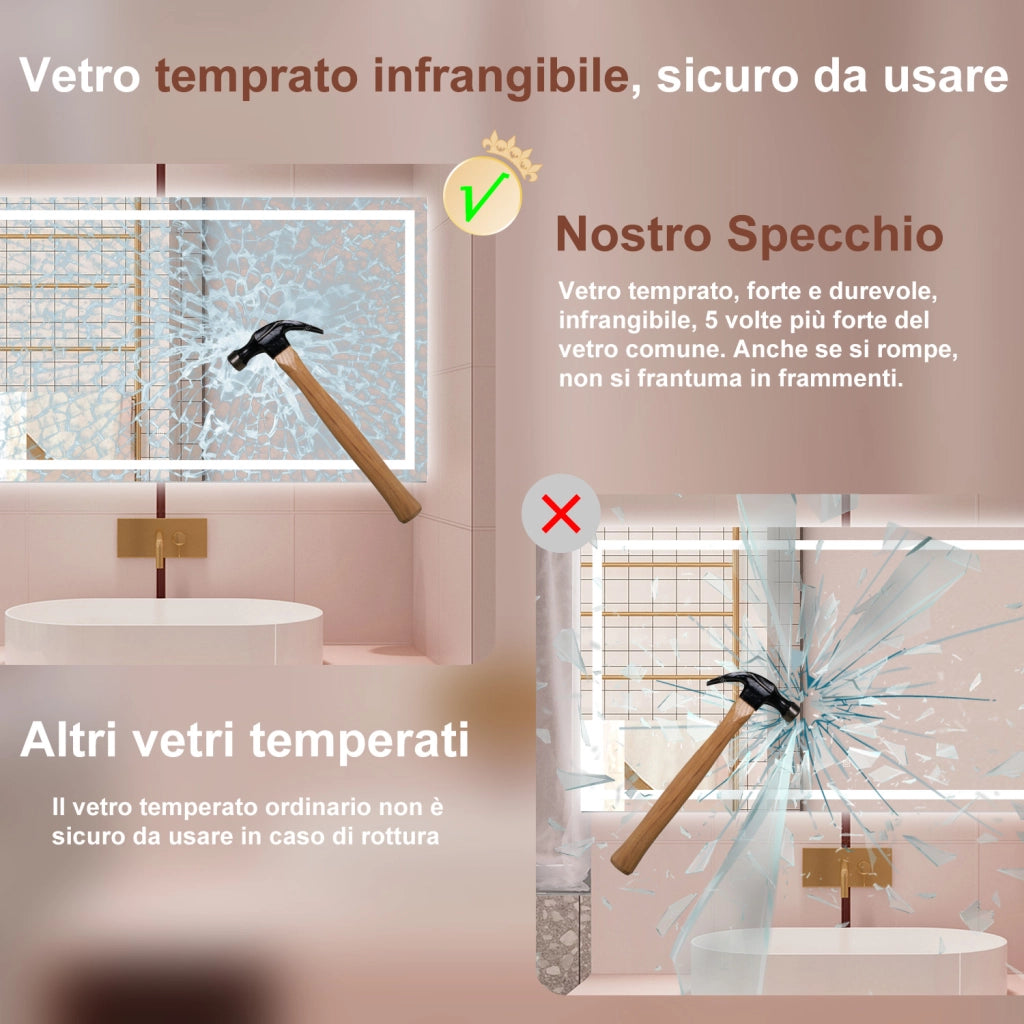 AICA Specchio da bagno  70 x 50 cm, dimmerabile, interruttore touch, Funzione Memoria, antiappannamento, 3 colori