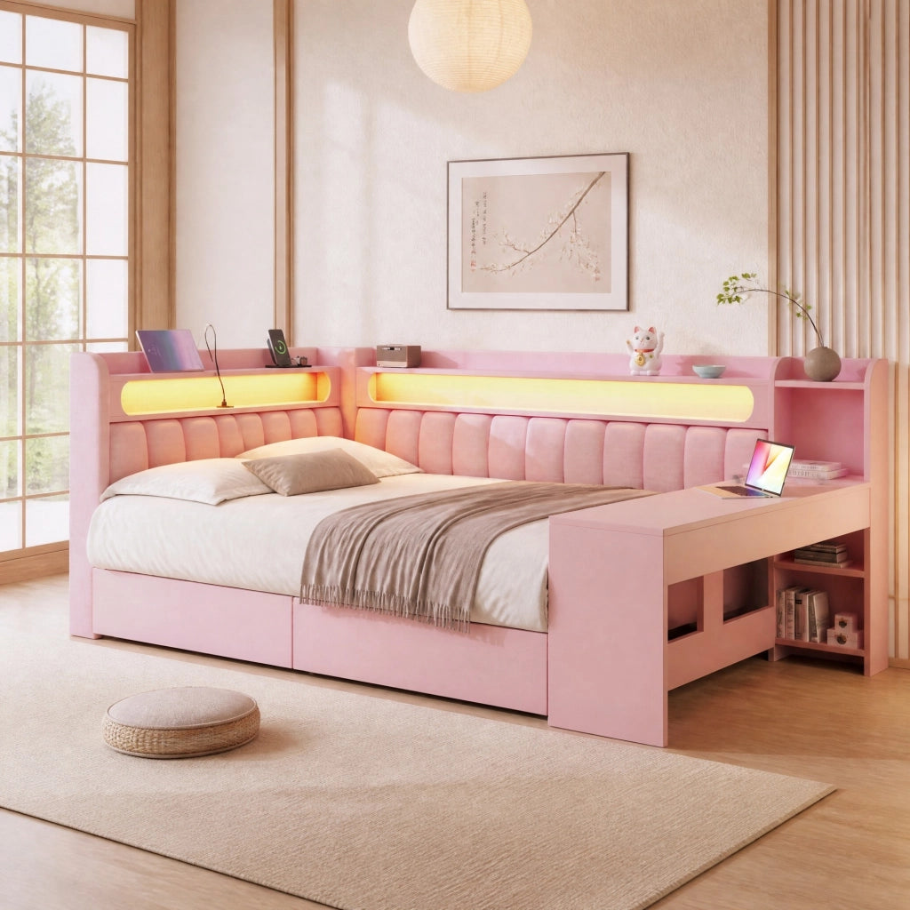 Daybed imbottito 140x200 cm con USB; LED; scrivania e 2 cassetti; rosa