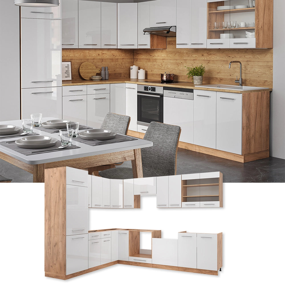 Vicco Cucina angolare completa Bianco lucido/oro power oak 227 x 60 cm senza piano di lavoro