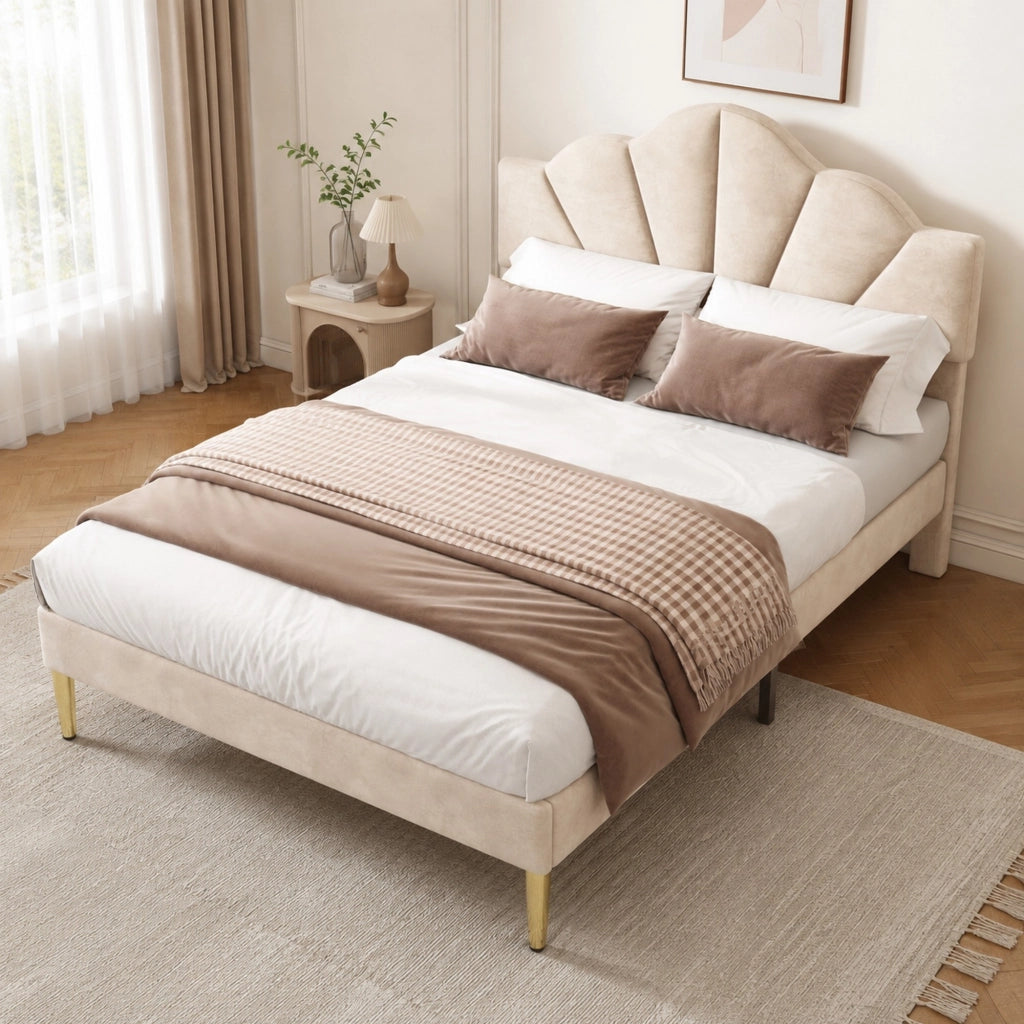 Letto matrimoniale imbottito in velluto beige 140x190 cm con testiera regolabile e rete a doghe