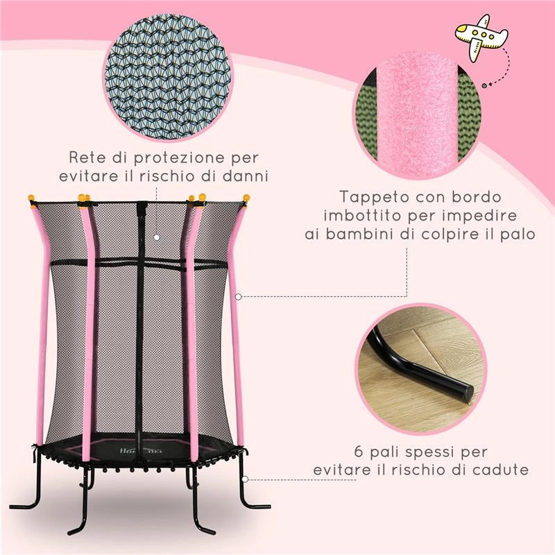 TAPPETO ELASTICO PER BAMBINI CON INGRESSO A CERNIERA E PALI IMBOTTITI IN ACCIAIO PP E EPE Ø 163.5X190 CM ROSA