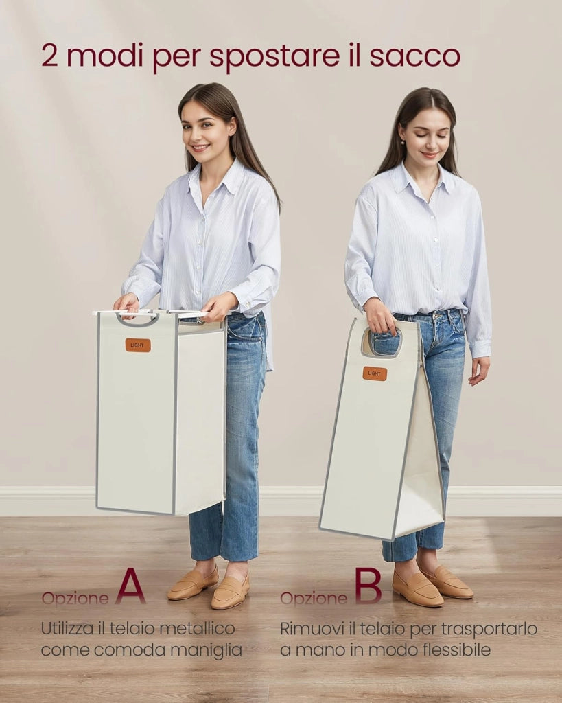 VASAGLE Cesto Portabiancheria a 2 Scomparti, Porta Biancheria 100 L, Carrello per Biancheria, con Ripiani, Sacchi Rimovibili, 6 Etichette, Beige Naturale, Grigio Tortora e Bianco Crema BLH311G01