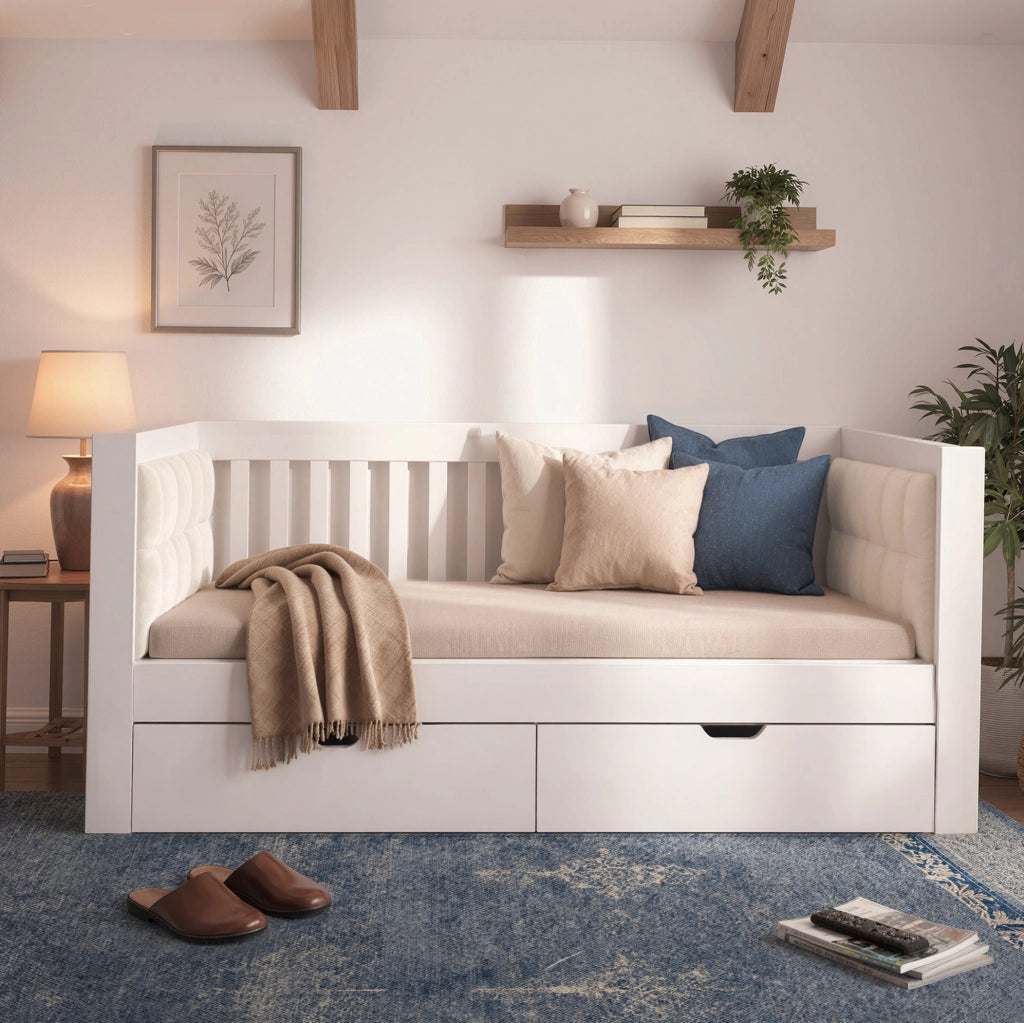Letto da giorno 90x200 cm con 2 cassetti; bianco; in pino e compensato