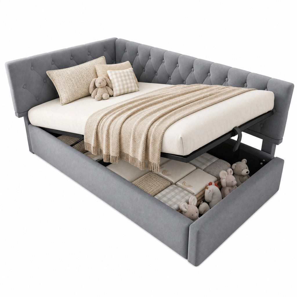 Letto con contenitore idraulico 90x190 cm in velluto grigio