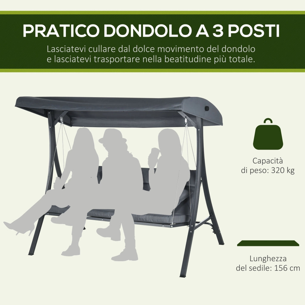 Dondolo da Giardino 3 Posti con Tettuccio Regolabile, in Acciaio e Poliestere, 202x115x168 cm, Grigio Scuro