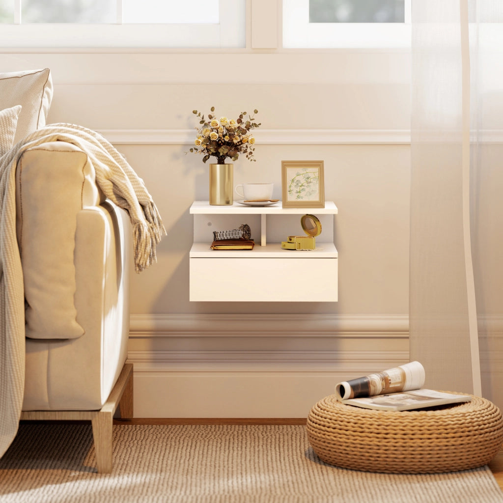 Set di 2 Comodini Sospesi 35x32x22,5 cm con Cassetto e Mensola Aperta in Legno Bianco
