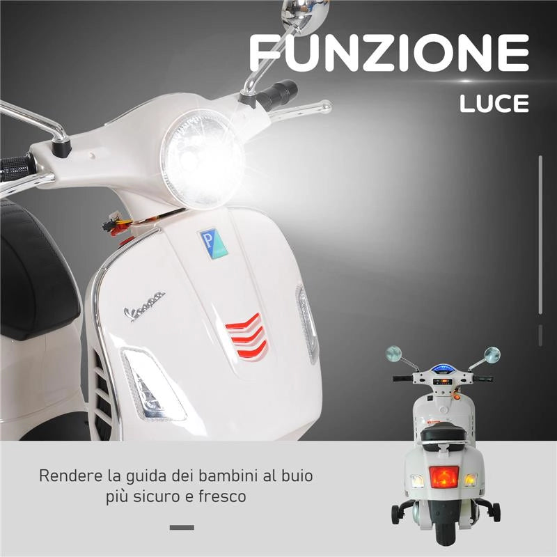 MOTO ELETTRICA PER BAMBINI DESIGN VESPA, BATTERIA 6V CON SUONI E LUCI, ETÀ 3-6 ANNI, BIANCO