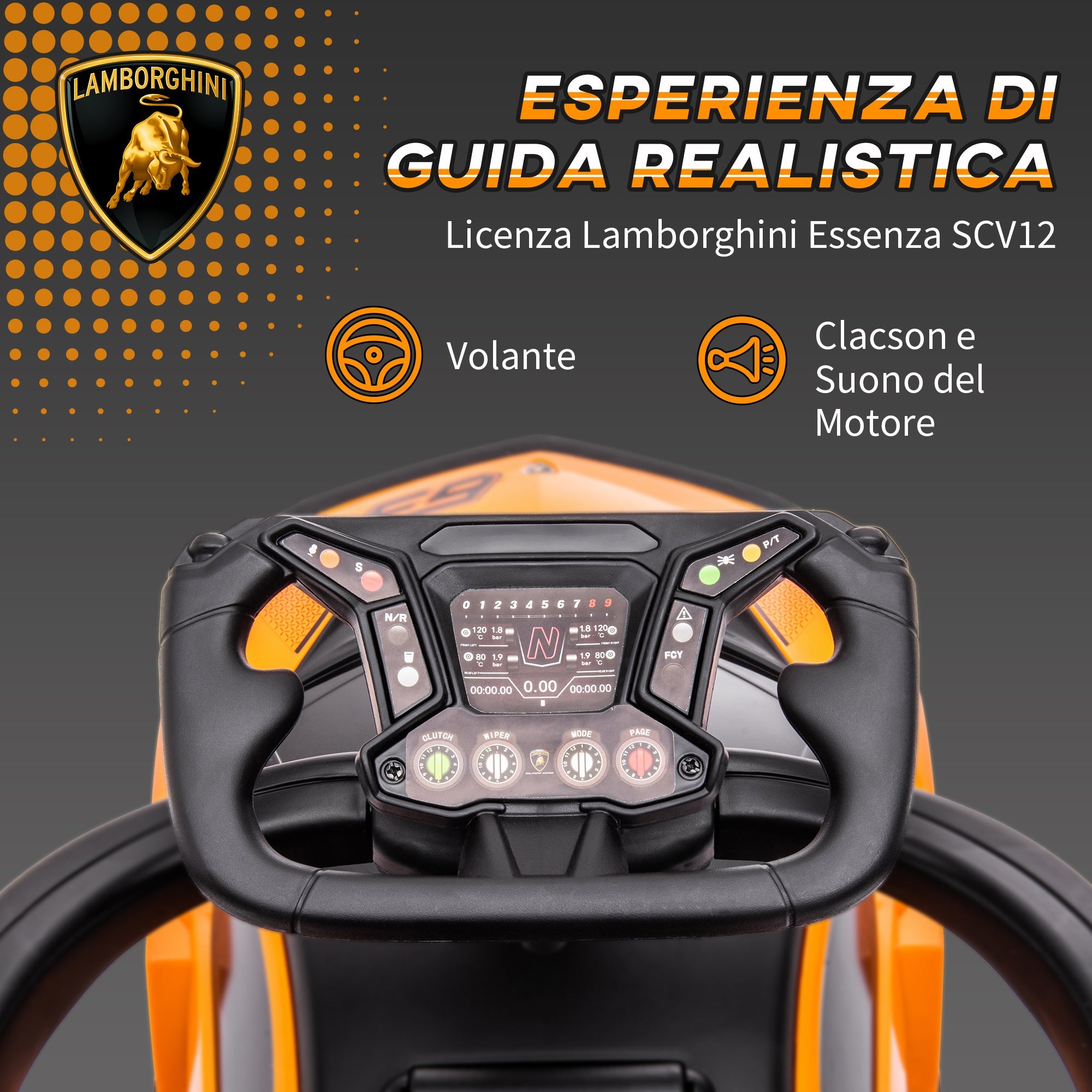 Auto Macchina Cavalcabile per Bambini Licenza Lamborghini Design 2 in 1 con Manubrio Passeggino Arancione e Nero