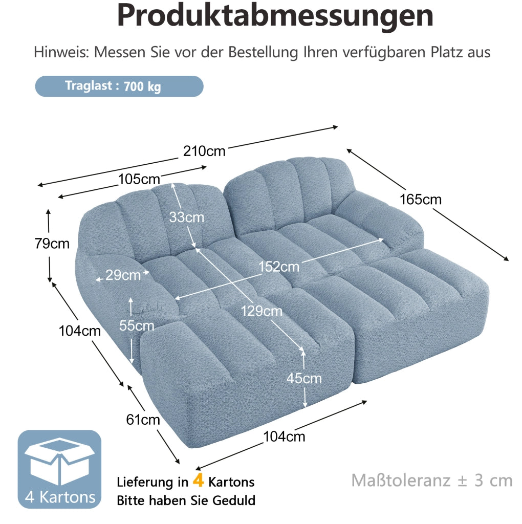 Divano modulare angolare 210x165x79 cm in fleece granulato blu; design senza struttura