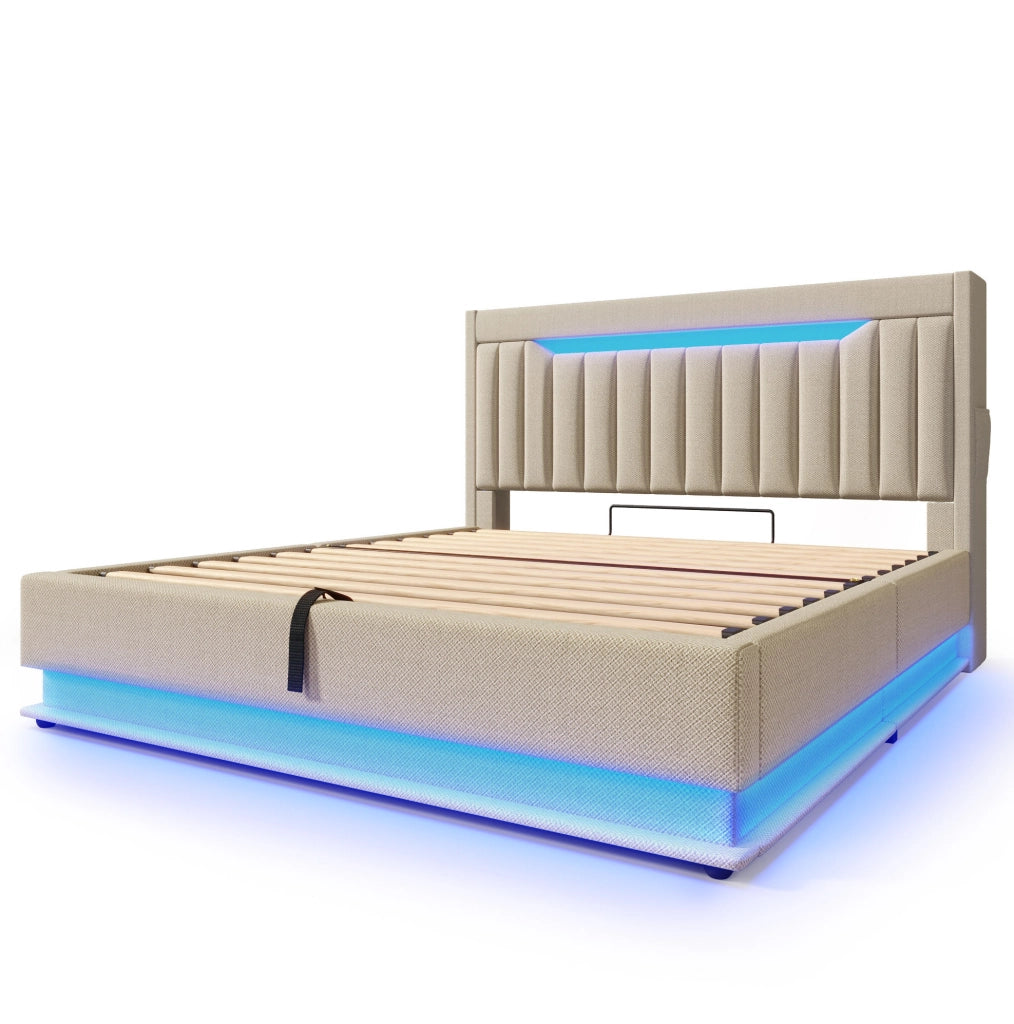 Letto matrimoniale 140x190 cm con contenitore; testiera con USB e Type-C; LED; beige in lino