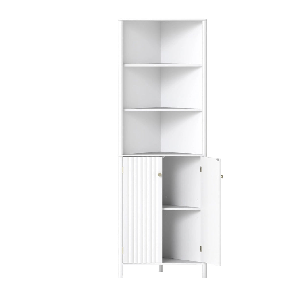 Mobile d¡¯angolo alto moderno con 5 ripiani e 2 ante scanalate per bagno, Mobile salvaspazio con ripiano regolabile Bianco-Armadietti da bagno