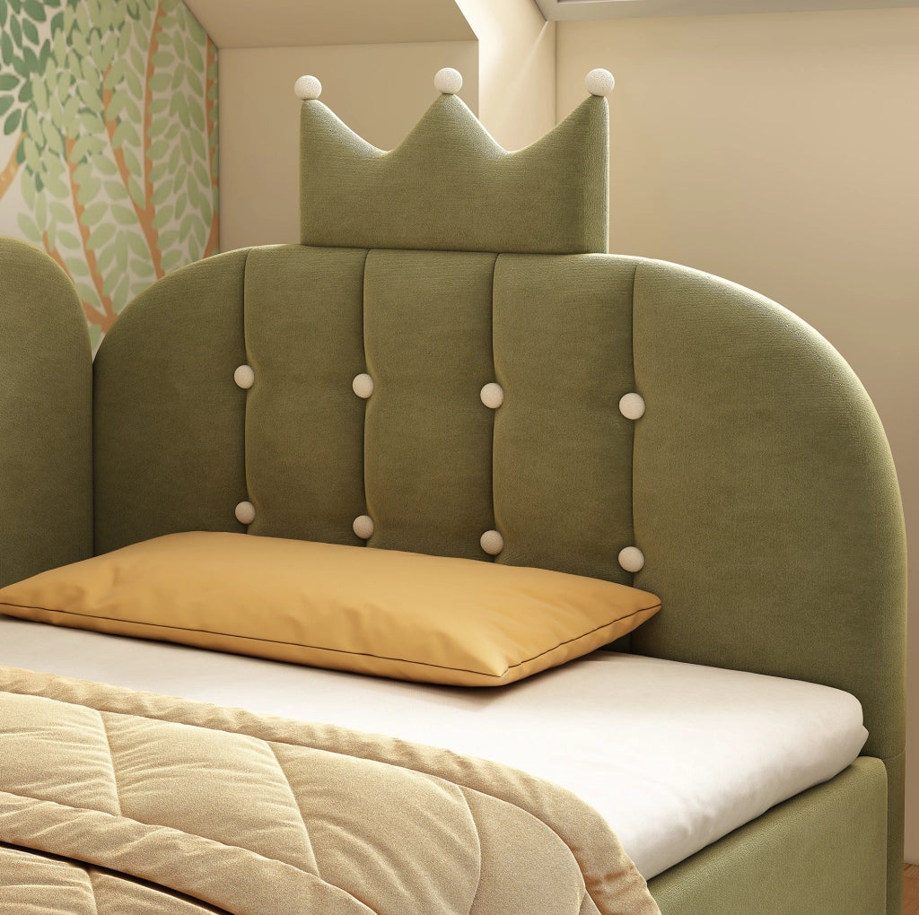 Letto daybed singolo 90x190 cm con contenitore; design corona in velluto verde