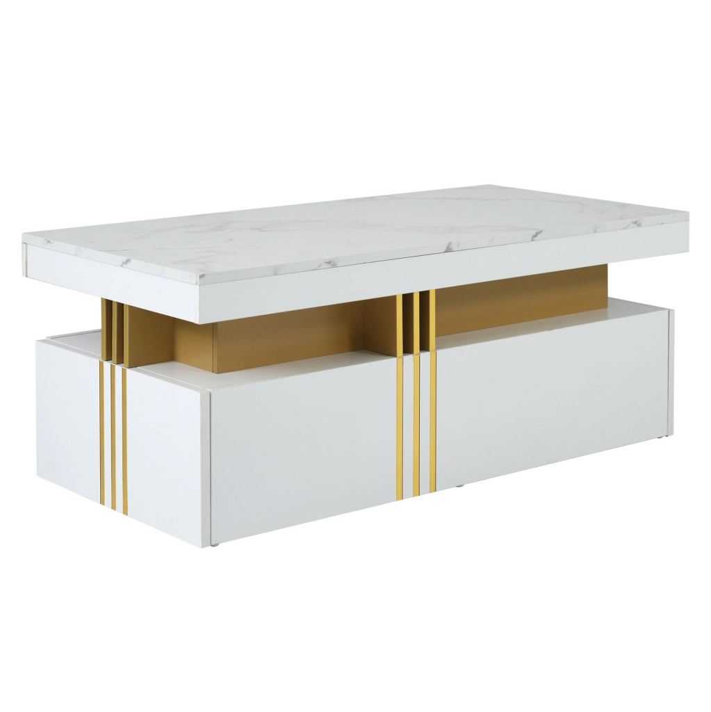 Tavolino da salotto moderno rettangolare 100x50x40 cm bianco lucido con 2 cassetti