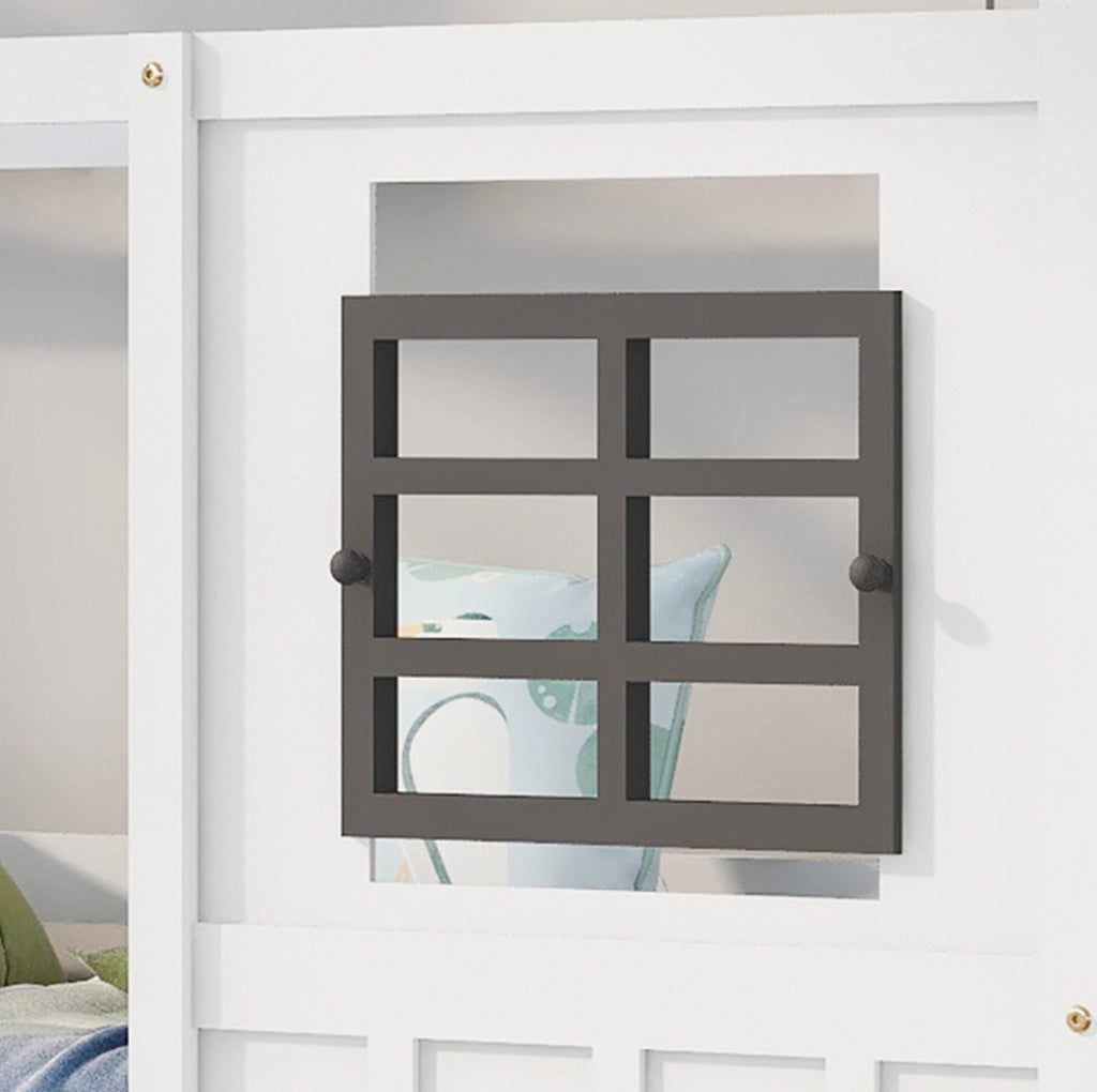 Letto singolo a casetta con 2 cassetti e finestre; 207x97x174 cm; pino e MDF; bianco