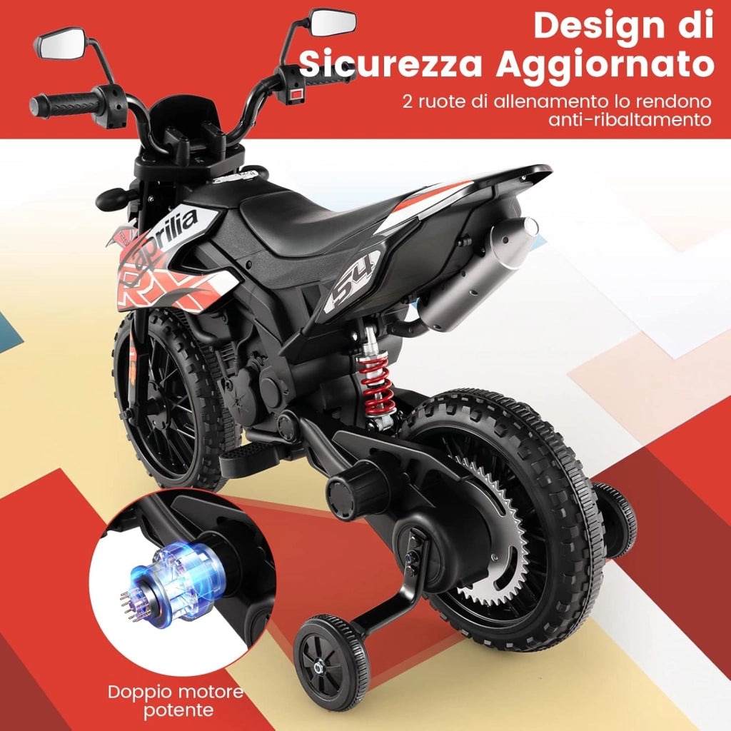 12V Aprilia Moto Cavalcabile per Bambini, Motocicletta Elettrica con Ruote Ausiliarie e Musica Wireless, Sospensione a Molla, Moto Elettrica alla Moda per Bambini 3-8 Anni (Rosso)