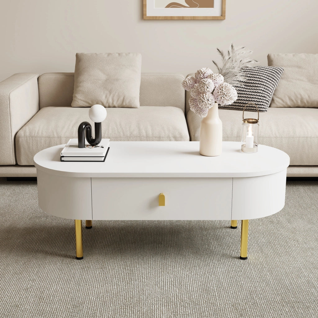 Tavolino da Caffè con 2 Cassetti; Maniglie e Gambe Dorate; Angoli Arrotondati; Stile Moderno; in MDF; Bianco; 108×50×40 cm