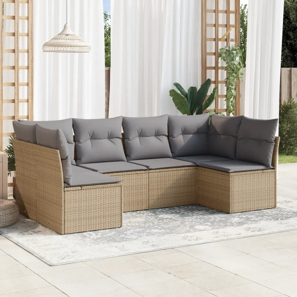 Set Divano da Giardino 6 pz | Set Salotto da Giardino con Cuscini Beige in Polyrattan