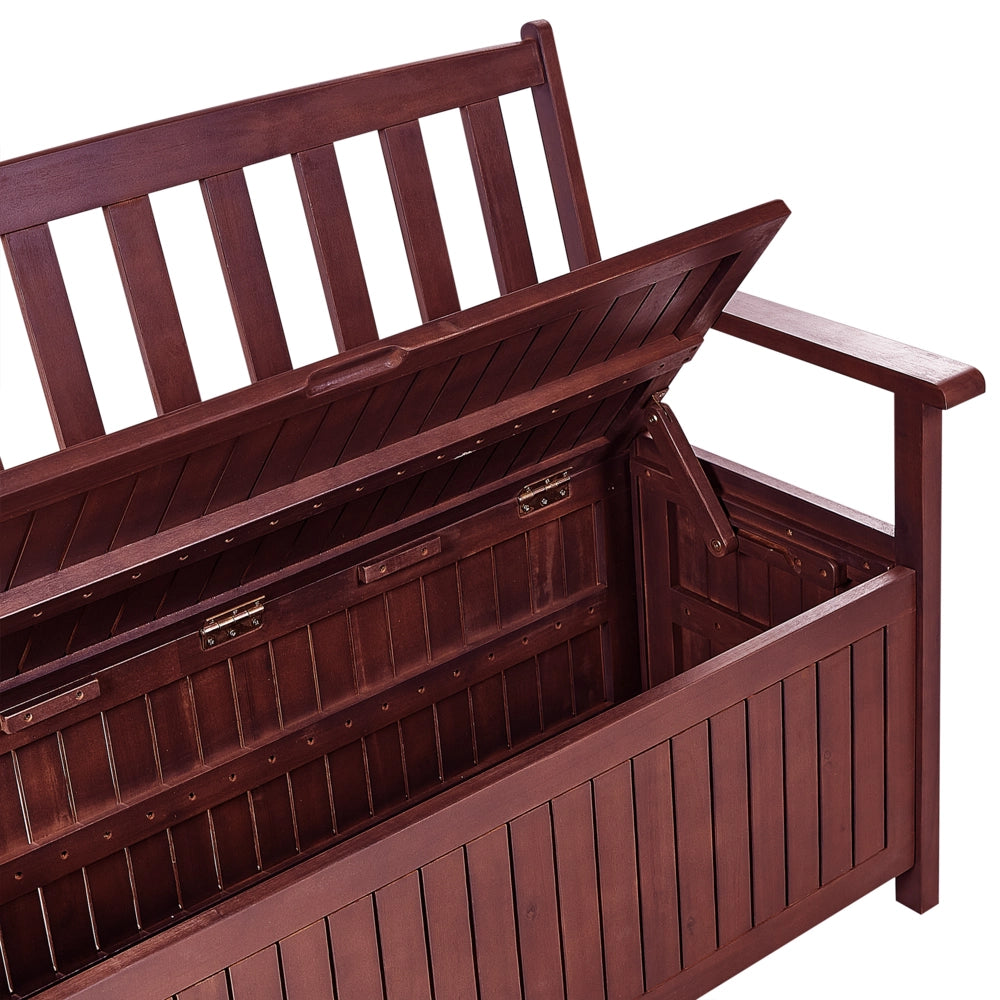 Panca da Esterno con Contenitore in Legno Massello di Acacia 2 Posti 120 cm Rosso Mogano e cuscino grigio