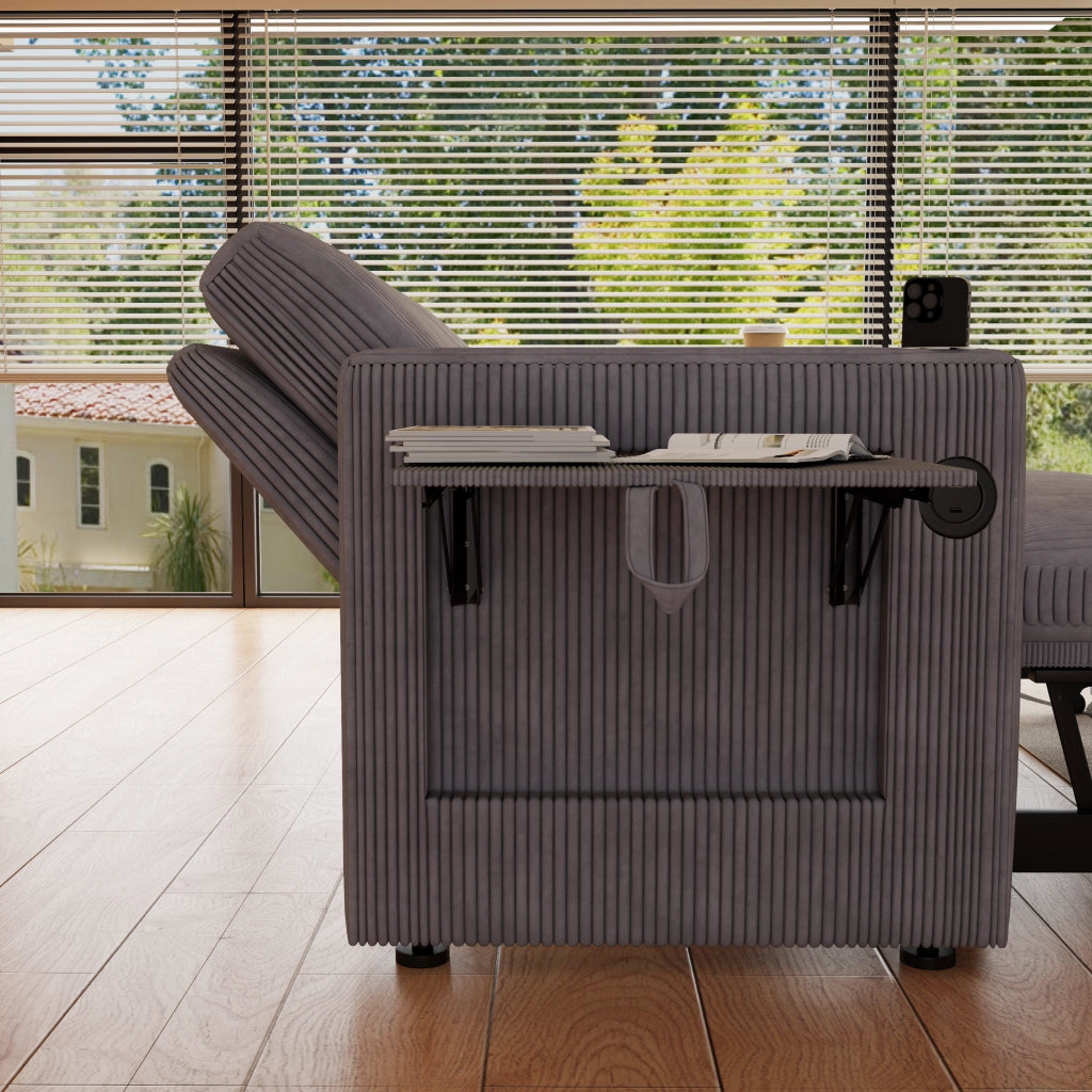 Divano Letto Convertibile 3 In 1 con Schienale Regolabile, Portabicchieri, Tavolino e Tasche, in Corda Grigio