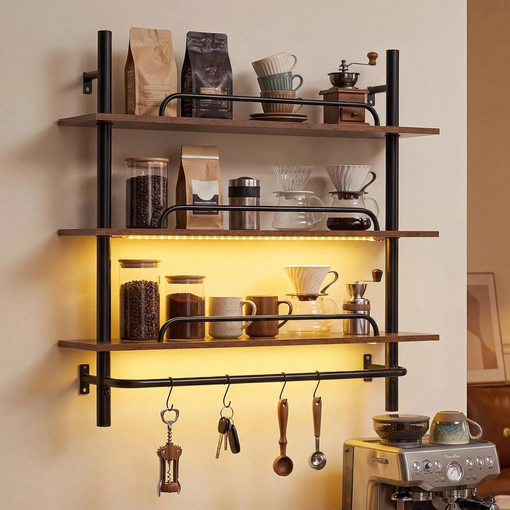 Mensola da Parete, Scaffalatura a 3 Livelli con Luce LED e 4 Ganci a S, Controllo Remoto e APP, Scaffale per Riporre e Esporre in Cucina, Camera da Letto e Soggiorno, 80,5x24x97 cm