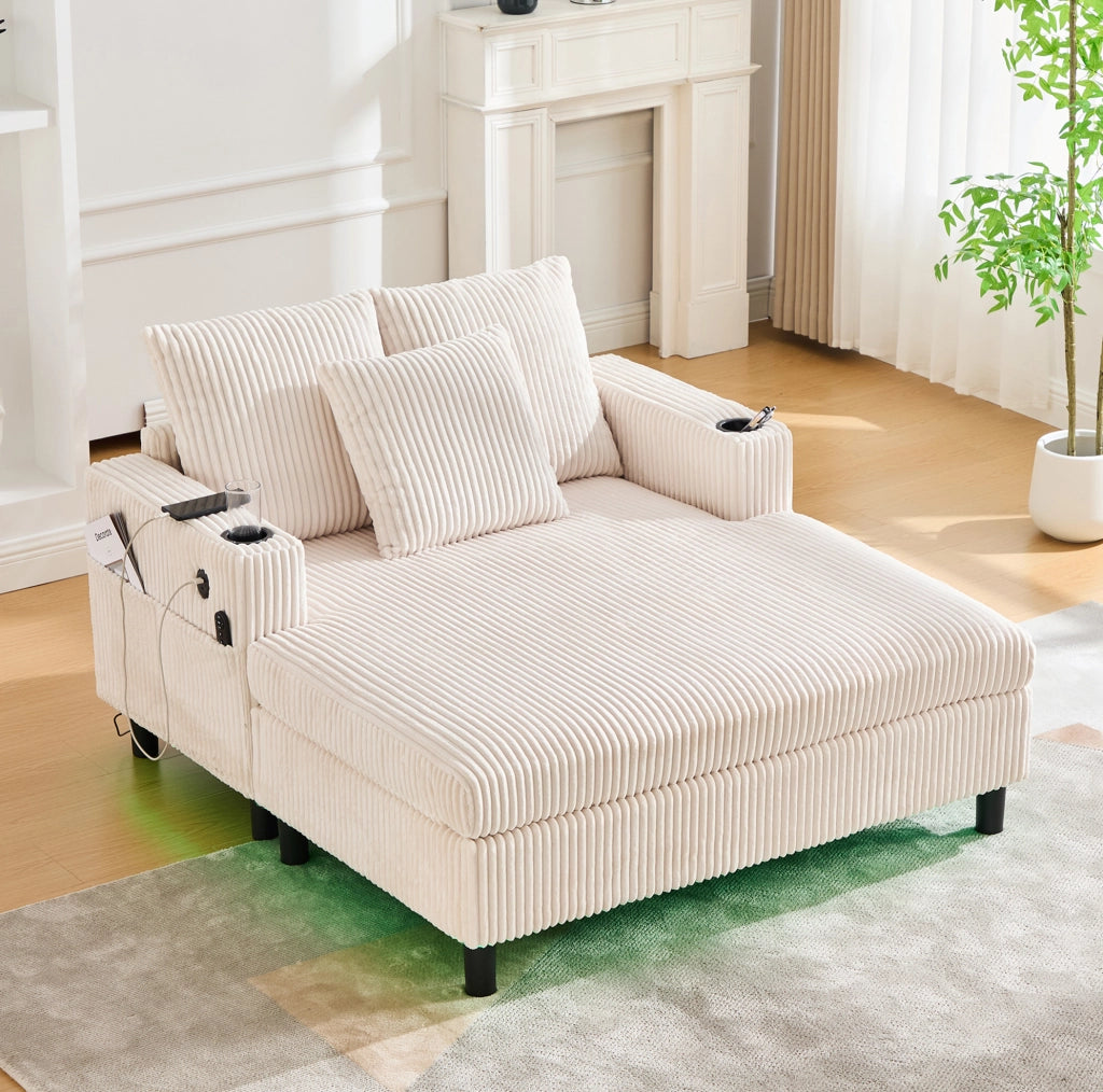 Poltrona relax oversize con LED; porta USB e portabevande; 142×128×85 cm; velluto a coste beige