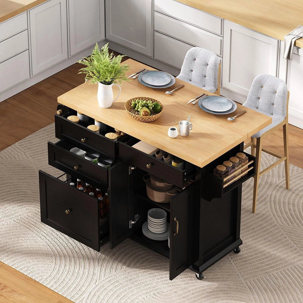 Isola cucina mobile - Xylo - Ruote e tavolo allungabile, nero