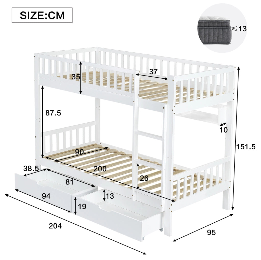 Letto a castello per bambini 90x200 cm bianco in legno di pino e MDF; con scala reversibile e spazio contenitivo