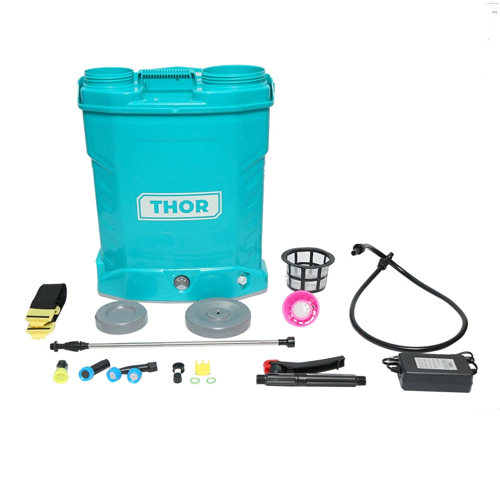 Pompa di spruzzatura, vermorel elettrico con serbatoio da 20L, batteria 12V/8Ah, 4 ugelli, portata 4 l/min, pressione 6.8 bar THOR