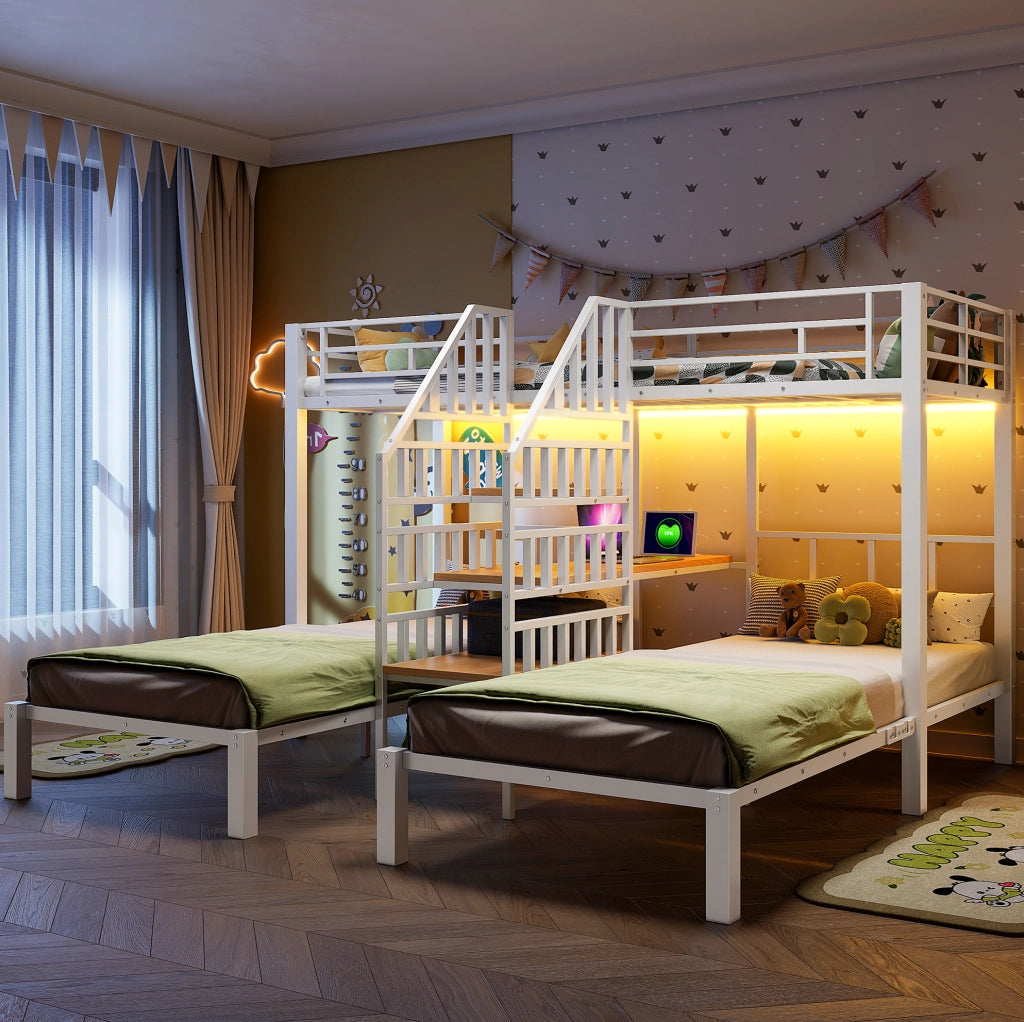 Letto a castello triplo 90x200 cm con LED; scrivania integrata; prese USB; bianco