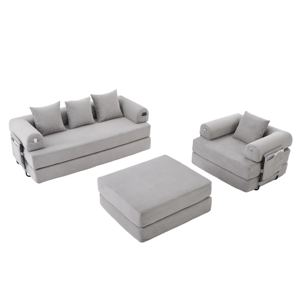 Set divano modulare ULEVR 200x190x67 cm con pouf, tasca laterale e 3 cuscini, in velluto a coste grigio chiaro