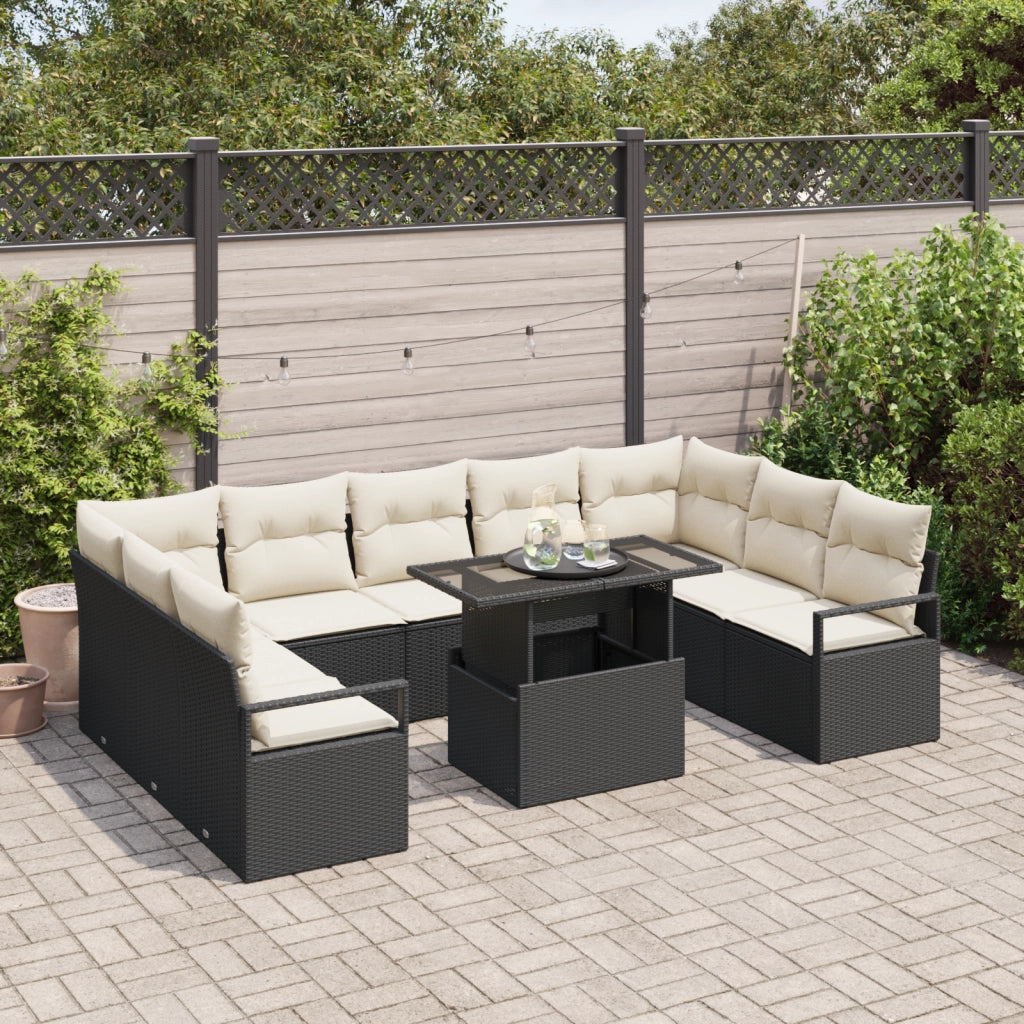 Set Divano da Giardino con 10 Pezzi e Cuscini in Rattan Nero