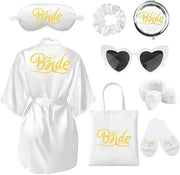 Bruidsbadjas Satin con V Collo, Set di Abito da Matrimonio per Festa di Matrimonio (Bianco)