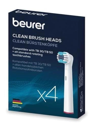 Beurer 10156 Clean - KIT_ 4 testine di ricambio Standard per spazzolini oscillanti-rotanti, compatibili con TB 30-TB 50, setole medie, cappucci protettivi, anelli colorati, Bianco