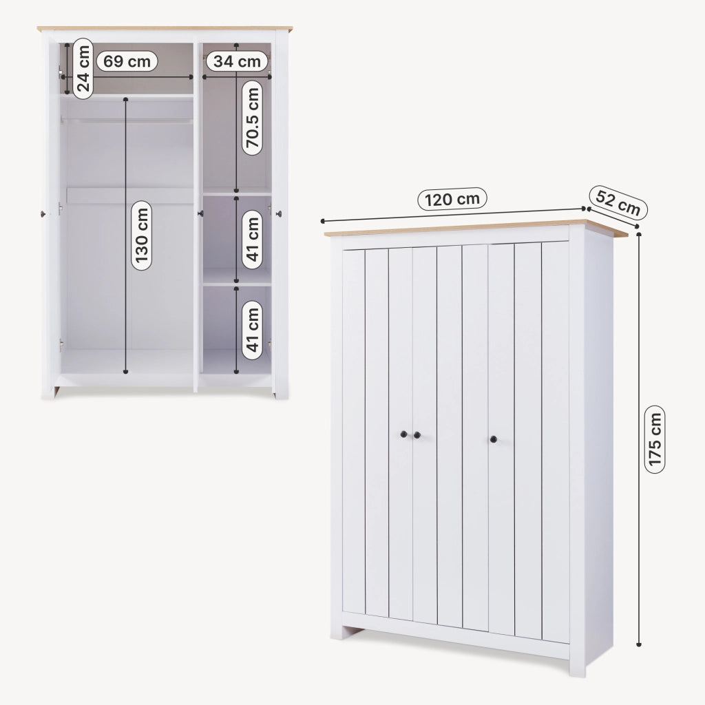 Armadio Guardaroba Vasand a 3 Ante con Barre Appenditi e Ripiani 175x120x52 cm Bianco / Effetto Rovere [en.casa]