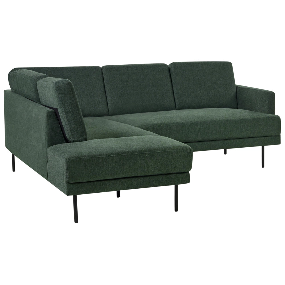 Divano angolare destro in poliestere verde scuro Divano a 4 posti imbottito con gambe in metallo, tessuto e schienale imbottito, moderno e minimalista