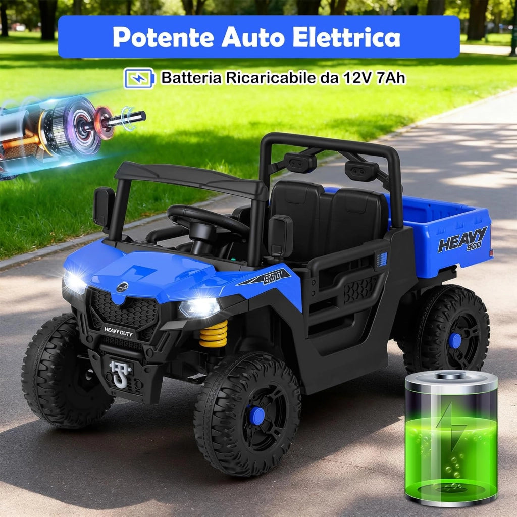 12V Macchina Elettrica per Bambini 2 Posti, Auto Elettrica con Cassone Ribaltabile, Telecomando, Musica, Storie, Luci LED e Sospensione a Molla, Giocattolo per Bambini 3-8 Anni (Blu Navy)