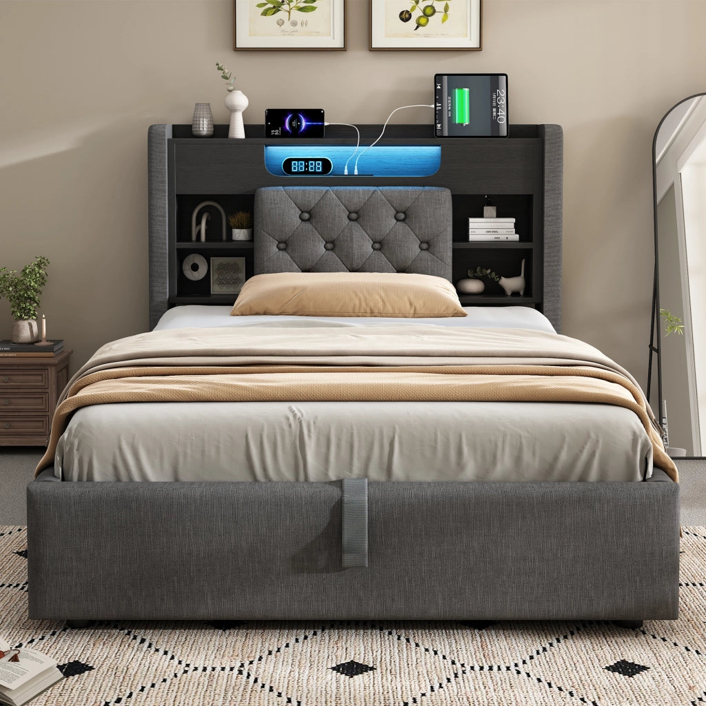 LETTO Contenitore 90x200 cm in lino grigio con LED e USB